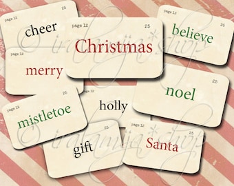 May include: Vintage-style cards with Christmas words printed on them, including "cheer", "merry", "mistletoe", "gift", "Christmas", "believe", "noel", "holly", and "Santa".