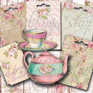May include: A set of six vintage-style printable gift tags featuring a pink and green teapot, teacup and saucer, and floral designs. The tags have a hole punched at the top for hanging. The text on the tags reads "Compliments of the Season".