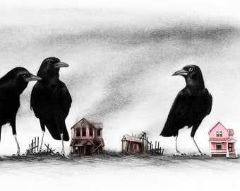 Crows Know (you can never go home) - print of an original mixed media drawing