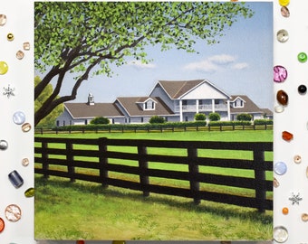 South Fork Ranch - pintura acrílica original de 8x8 sobre lienzo