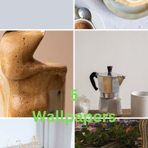 Może przedstawiać: Kolaż pięciu obrazów przedstawiających kawę, ciasto i kwiaty. Obrazy są ułożone w siatkę. Obraz w lewym górnym rogu przedstawia jasnoniebieskie tło. Obraz w prawym górnym rogu przedstawia kawałek ciasta cytrynowego na talerzu. Obraz w lewym dolnym rogu przedstawia zbliżenie napoju kawowego z grubą warstwą piany. Obraz w prawym dolnym rogu przedstawia filiżankę kawy na stole z kompozycją kwiatową w tle. Obraz środkowy przedstawia srebrny dzbanek do kawy na stole.