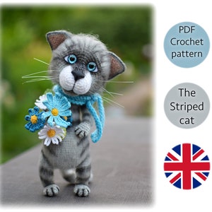 Striped cat crochet pattern. Cat amigurumi toy. Digital PDF crochet pattern in English.