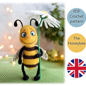Virkmönster med honungsbi. Amigurumi-leksak av bi. Digitalt PDF-virkmönster på engelska.