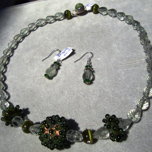 17.5" Pale Green Amethyst Faceted Tear Drop Necklace with Lamp Work Glass Bead Embellishments and Sterling Box Clasp