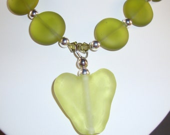 Green Seaglass, Sterling Silver and Swarovski Crystal Heart Necklace