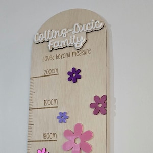 Personalised Floral Height Chart, Custom Name & Acrylic Flowers, Family Growth Ruler from 50cm to 200cm