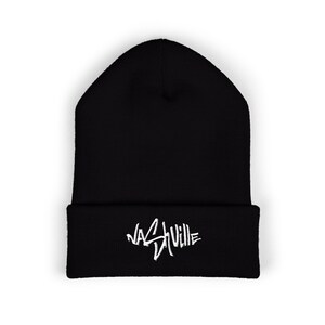 Nashville White Graffiti Script Beanie | Cuffed Embroidered Beanie