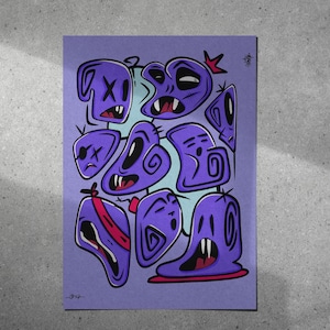 May include: A rectangular art print featuring a collection of purple, blob-like cartoon characters with varied facial expressions, including fangs and eyes marked with an X, set against a light blue and purple background with black outlines.
