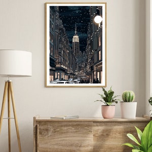 May include: A digital illustration of a city street at night with a tall skyscraper in the distance. The street is lined with buildings and decorated with string lights. A full moon is visible in the sky.