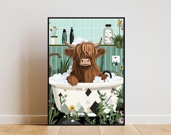 Highland Cow In Bath Poster, Bathtub Poster, Bathroom Print, Highland Cow Poster, Highland Cow Wall Art, Bathtub Print, Boho Bathroom Poster