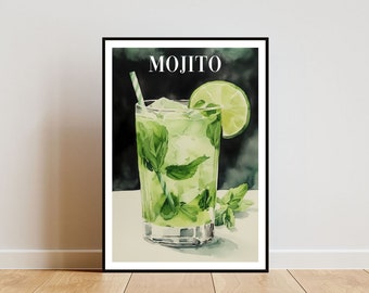Póster de mojito, impresión de cocina, arte mural con alcohol, impresión de cóctel, impresión de cóctel mojito, arte mural de cocina, póster de bar de cócteles, impresión de mojito