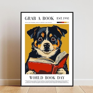 Weltbuchtag Poster, Buchdruck, Buch Wandkunst, Buch Kunst Poster, Hunde Druck, Wohnzimmer Druck, Vintage Wandkunst, Buchkunst, Bücherregal Druck