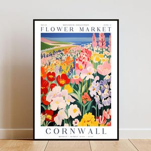 Cornwall Flower Market Poster, Cornwall Poster, Flower Market Print, Flower Wall Art, Botanical Poster, Floral Wall Art, Pink Flower Poster