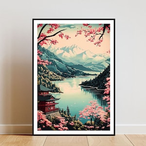Japanese Countryside Poster, Japanese Print, Anime Wall Art, Japanese Anime Poster, Cherry Blossom Art, Japanese Art, Retro Japan Anime Art