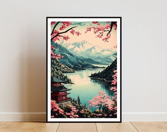May include: A framed print of a Japanese-style landscape painting featuring a red pagoda, a lake, mountains, and cherry blossoms in bloom.