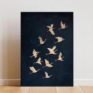 Póster de grullas azules y doradas, arte de pared de grullas doradas, impresión de grullas, póster japonés, impresión de grullas doradas, póster de pájaros, impresión de grullas voladoras