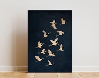 Póster de grullas azules y doradas, arte mural de grullas doradas, impresión de grullas, póster japonés, impresión de grullas doradas, póster de pájaros, impresión de grullas voladoras