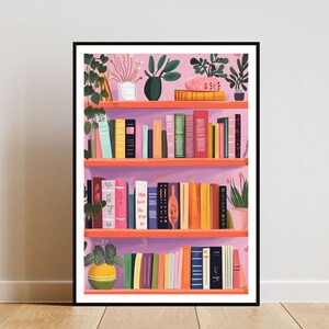 May include: A pink bookshelf with three shelves filled with colorful books and potted plants. The bookshelf is against a light pink wall.