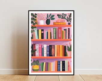 Plakat na półkę z książkami, Druk książki, Sztuka ścienna z książką, Plakat artystyczny z książką, Druk biblioteczny, Plakat do salonu, Sztuka ścienna z półką z książkami, Sztuka boho, Plakat z książką