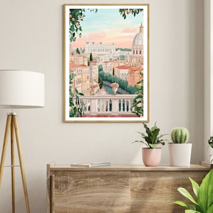 May include: A framed illustration of a cityscape with a pink and orange sunset in the background. The city is filled with buildings and a river. The illustration is surrounded by green vines with pink flowers.