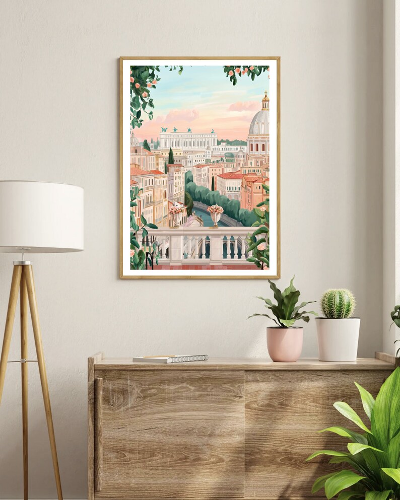 May include: A framed illustration of a cityscape with a pink and orange sunset in the background. The city is filled with buildings and a river. The illustration is surrounded by green vines with pink flowers.