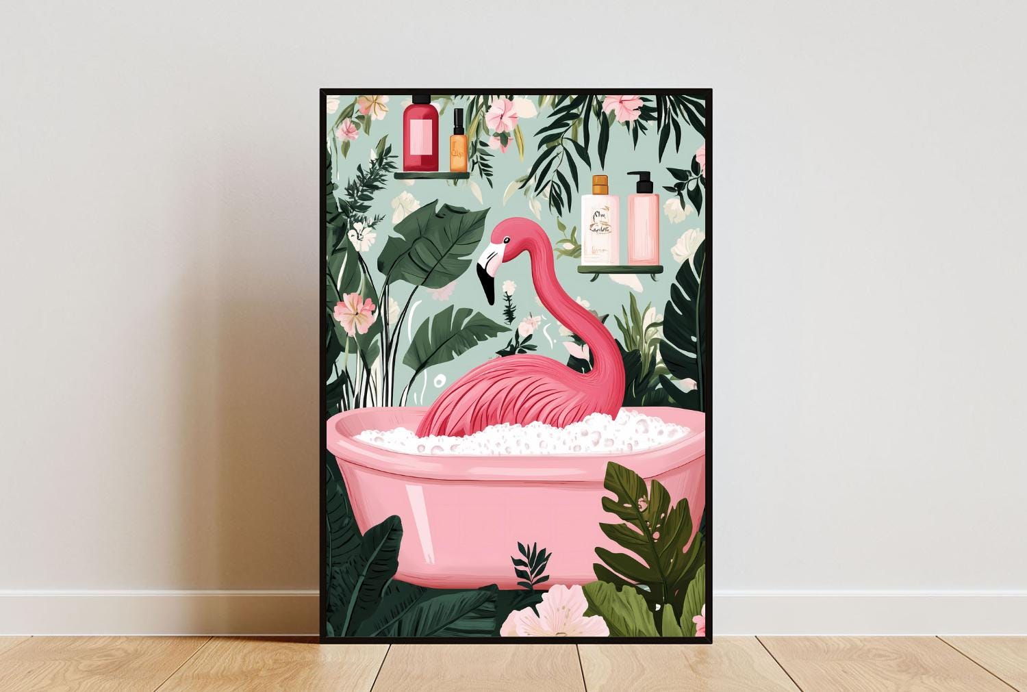 Affiche flamant rose dans la baignoire, affiche baignoire, impression salle de bain, affiche flamant rose, art mural flamant rose, impression baignoir