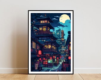 Póster de ciudad japonesa, impresión japonesa, arte mural de anime, póster de arte de anime japonés, impresión de anime, póster japonés, arte urbano de anime japonés retro