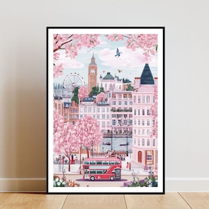 May include: A colorful illustration of London, England, with a red double-decker bus driving through a street lined with pink cherry blossom trees. The London Eye Ferris wheel and Big Ben are visible in the background.