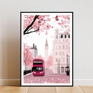 Póster de Londres, Impresión del Big Ben, Arte mural de Londres, Póster de viaje, Impresión de Londres, Londres, Inglaterra, Arte de los cerezos en flor, Impresión rosa, Reino Unido, Arte de Gran Bretaña