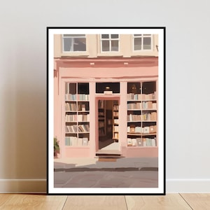 Póster de librería, impresión en colores pastel, arte mural de librería, póster de arte de libros, impresión de biblioteca, librería, arte mural de libros, póster vintage, póster rosa