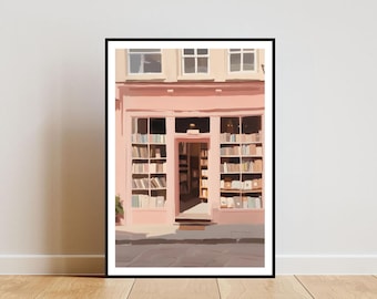 Bookshop Poster, Pastel Print, Bookstore Wall Art, Book Art Poster, Library Print, Bookshop, Book Wall Art, Vintage Poster, Pink Poster
