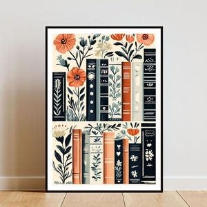 Póster de estantería, impresión de libro, arte mural de libros, póster de arte de libros, impresión de biblioteca, póster para sala de estar, arte mural vintage, impresión bohemia, póster de flores