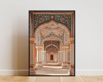 May include: A photograph of an ornate, intricately decorated hallway with arches and columns. The walls are painted in a warm, peachy color with intricate floral designs in shades of green, blue, and white.