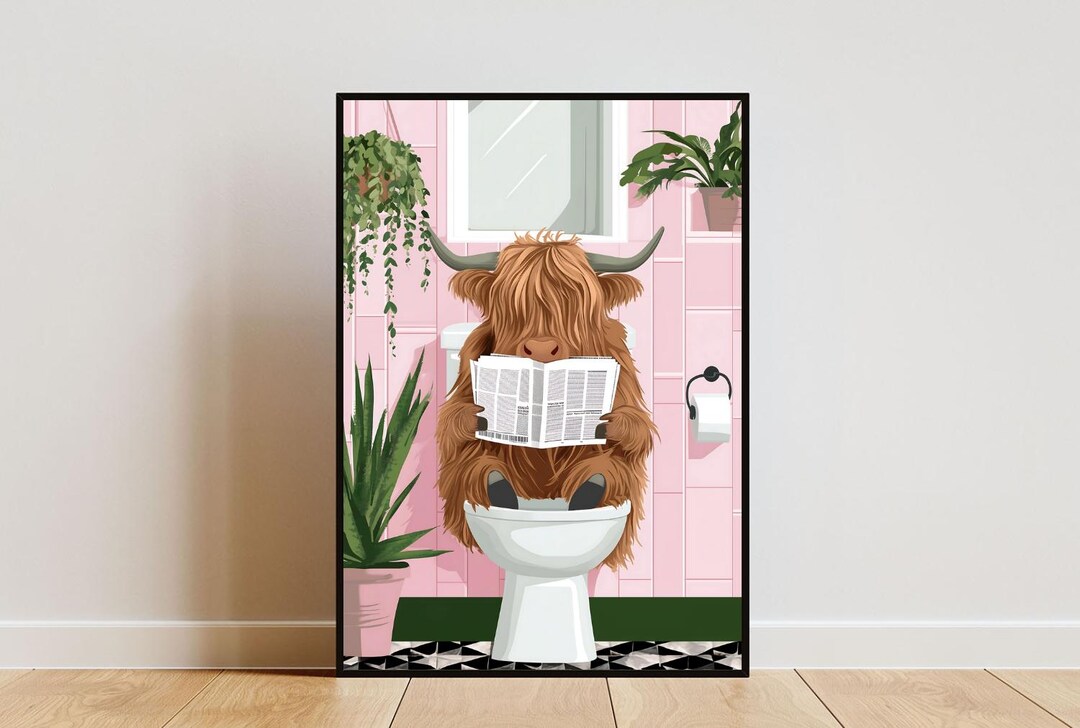 Highland Cow on Toilet Poster, Toilet Poster, Bathroom Print, Highland ...