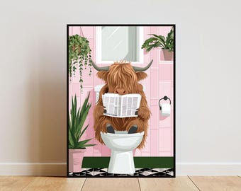 Póster de vaca de las Highlands en el inodoro, póster de inodoro, impresión para baño, póster de vaca de las Highlands, arte mural de vaca de las Highlands, impresión para inodoro, póster bohemio para baño
