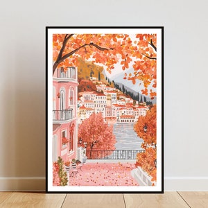 Póster del lago Como, impresión del lago Como, arte mural de Italia, póster de viaje, impresión de Italia, Como Italia, arte mural europeo, póster de otoño, póster italiano
