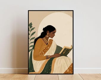 Indian Woman In Saree Reading Book Print, Indian Poster, Indian Art, Traditional Indian Art, India Wall Art, Desi Poster, South Asian Print