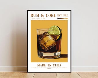 Poster rum en cola, keukenafdruk, kunst aan de muur alcohol, cocktailposter, cocktailafdruk rum en cola, keukenposter, poster cocktailbar