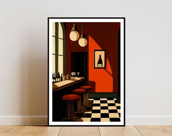 May include: A digital illustration of a bar interior with a red wall, a checkered black and white floor, a bar counter with three red bar stools, and two hanging light fixtures. There are bottles and glasses on the counter. A framed picture of a bottle of wine hangs on the wall.