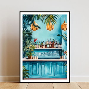Póster de bar de cócteles retro, impresión de cocina, arte de pared de bar de cócteles, impresión de bar, póster azul, arte de pared de cocina, arte de cocina vintage, arte boho