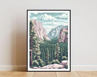 May include: A digital illustration of a mountain landscape with a valley in the centre. The mountains are a light pink and blue colour, and the valley is filled with green trees. The sky is a light blue with white clouds.