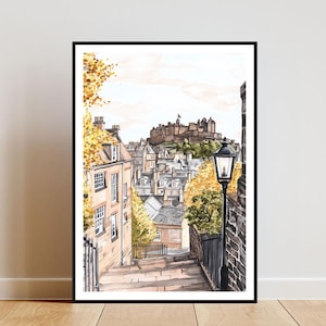 May include: A watercolour painting of a street scene in Edinburgh, Scotland. The painting shows a narrow street with buildings on either side, leading up to Edinburgh Castle in the distance. There is a street lamp in the foreground.
