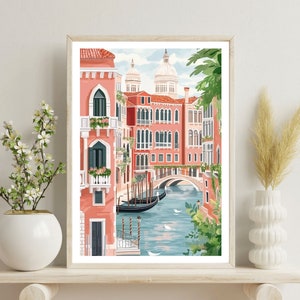 May include: A colorful illustration of a canal in Venice, Italy. The canal is lined with pink buildings and a bridge. There are gondolas in the water and green trees in the background.