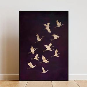Póster de grullas moradas y doradas, arte de pared de grullas doradas, impresión de grullas, póster japonés, impresión de grullas doradas, póster de pájaros, impresión de grullas voladoras