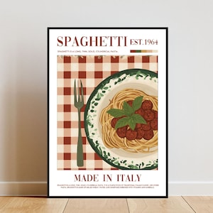Pôster de espaguete retrô, impressão de cozinha, arte de parede de espaguete à bolonhesa, pôster de comida, impressão de espaguete, arte de parede de cozinha, pôster de cozinha, italiano