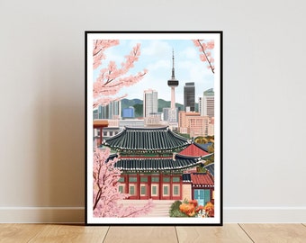 Plakat z Seulu, Druk koreański, Sztuka ścienna z Korei Południowej, Plakat podróżniczy, Druk z Korei Południowej, Seul, Korea Południowa, Sztuka ścienna w świątyni, Sztuka pastelowa, Azjatycka