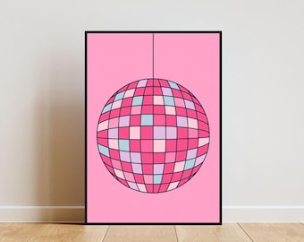 Plakat z różową kulą dyskotekową, modna sztuka ścienna, wydruk z lustrzaną kulą, plakat muzyczny, modny wystrój, plakat minimalistyczny, plakat disco, sztuka ścienna z muzyką retro