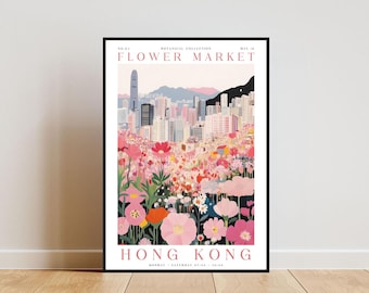 Póster del mercado de flores de Hong Kong, póster de Hong Kong, impresión del mercado de flores, arte mural de flores, póster botánico, arte mural floral, impresión de flores rosas