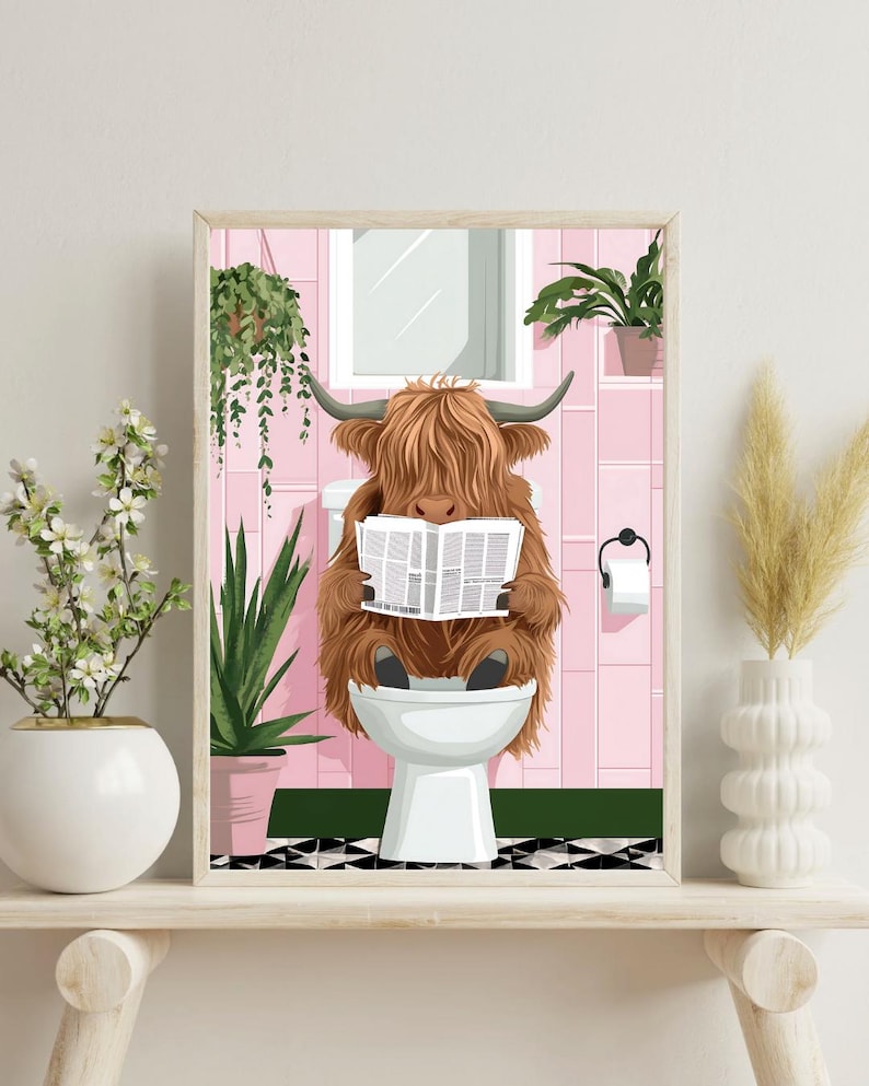 Highland Cow on Toilet Poster, Toilet Poster, Bathroom Print, Highland ...