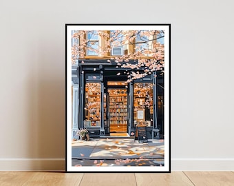 May include: A black storefront with large windows displaying bookshelves filled with books. The storefront is decorated with pink cherry blossoms falling from the trees above.